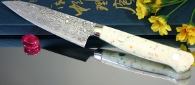 Кухонный нож Mr. Itou (Hiroo Itou), White Color Corian Handle Type 3 (Белая ручка с цв. вкраплениями), R2, Petty 120мм, арт. Mi-Pe12 - Магазин Японских кухонных туристических ножей VIP-HoReCa