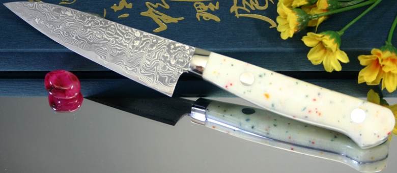 Кухонный нож Mr. Itou (Hiroo Itou), White Color Corian Handle Type 3 (Белая ручка с цв. вкраплениями), R2, Petty 120мм, арт. Mi-Pe12